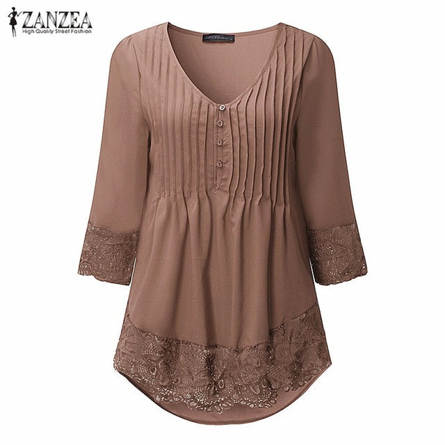 Elegant Lace Blouses Shirts Sexy V Neck Casual 3/4 Sleeve Asymmetrical Solid Tops