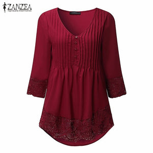 Elegant Lace Blouses Shirts Sexy V Neck Casual 3/4 Sleeve Asymmetrical Solid Tops