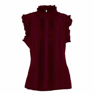 Ruffle Sleeveless O Neck Blouse Slim Fitted Shirts for Women