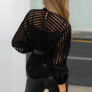 See-through Womens Mesh Blouse Sheer Long Sleeve Summer Autumn Ladies Shirt