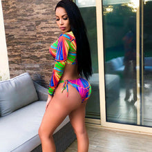Load image into Gallery viewer, Geometric Print Long Sleeve Push Hollow Crop Tops Adjustable Waist Bottoms Two-Piece Swimwear