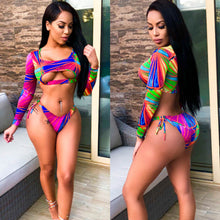 Load image into Gallery viewer, Geometric Print Long Sleeve Push Hollow Crop Tops Adjustable Waist Bottoms Two-Piece Swimwear
