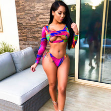 Load image into Gallery viewer, Geometric Print Long Sleeve Push Hollow Crop Tops Adjustable Waist Bottoms Two-Piece Swimwear