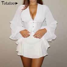 Load image into Gallery viewer, Totatoop Sexy Backless Lace Up Bandage Blouse Shirts Women 2020 V Neck Ruffles Lantern Sleeve Chiffon Corset Tops Party Tops