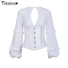 Load image into Gallery viewer, Totatoop Sexy Backless Lace Up Bandage Blouse Shirts Women 2020 V Neck Ruffles Lantern Sleeve Chiffon Corset Tops Party Tops