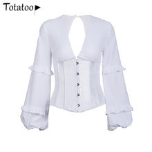 Load image into Gallery viewer, Totatoop Sexy Backless Lace Up Bandage Blouse Shirts Women 2020 V Neck Ruffles Lantern Sleeve Chiffon Corset Tops Party Tops