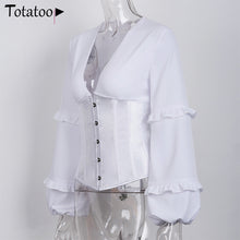 Load image into Gallery viewer, Totatoop Sexy Backless Lace Up Bandage Blouse Shirts Women 2020 V Neck Ruffles Lantern Sleeve Chiffon Corset Tops Party Tops