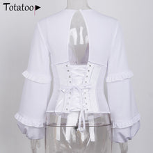 Load image into Gallery viewer, Totatoop Sexy Backless Lace Up Bandage Blouse Shirts Women 2020 V Neck Ruffles Lantern Sleeve Chiffon Corset Tops Party Tops