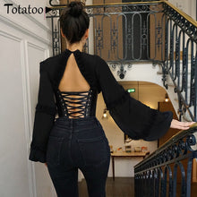 Load image into Gallery viewer, Totatoop Sexy Backless Lace Up Bandage Blouse Shirts Women 2020 V Neck Ruffles Lantern Sleeve Chiffon Corset Tops Party Tops