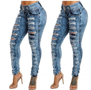 Women High Waist Skinny Slim Sexy Ripped Hole Denim Jeans