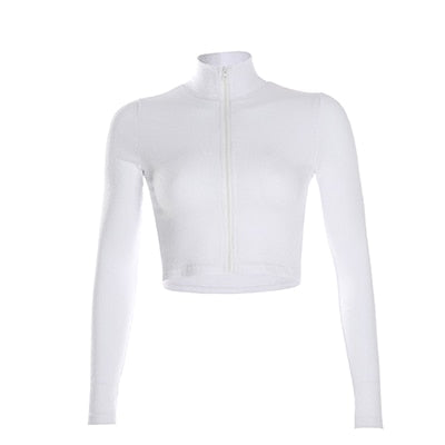 Women Turtleneck Middle Zipper Knitted Ribbed Elastic White Girl Long Sleeve Stretch Crop Tops