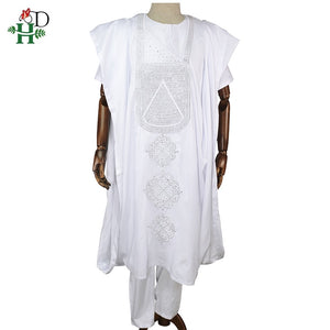 Men Dashiki 3 PCS Set short sleeve t-shirt pant white dress embroidered pattern with stones