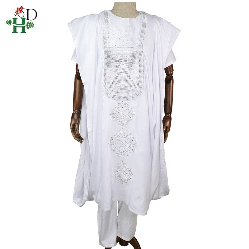 Men Dashiki 3 PCS Set short sleeve t-shirt pant white dress embroidered pattern with stones