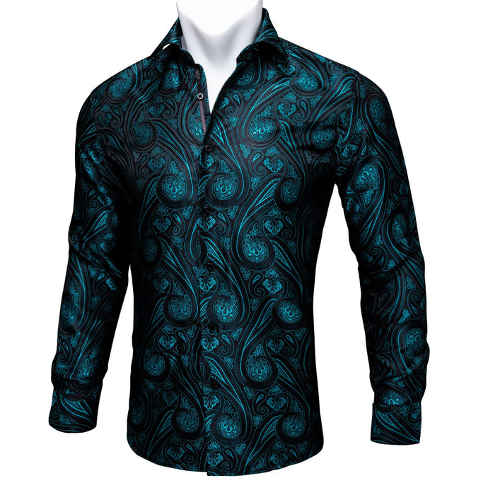 Teal Paisley Floral Silk Shirts Men Autumn Long Sleeve Casual Flower Shirts Designer Fit Dress Shirt