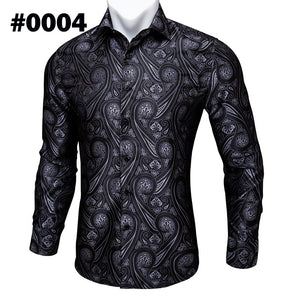 Teal Paisley Floral Silk Shirts Men Autumn Long Sleeve Casual Flower Shirts Designer Fit Dress Shirt