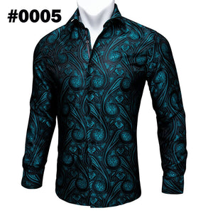 Teal Paisley Floral Silk Shirts Men Autumn Long Sleeve Casual Flower Shirts Designer Fit Dress Shirt