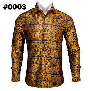 Teal Paisley Floral Silk Shirts Men Autumn Long Sleeve Casual Flower Shirts Designer Fit Dress Shirt