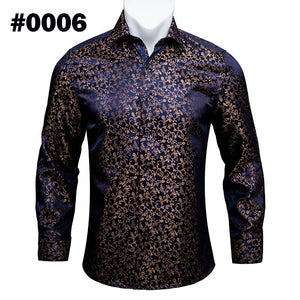 Teal Paisley Floral Silk Shirts Men Autumn Long Sleeve Casual Flower Shirts Designer Fit Dress Shirt