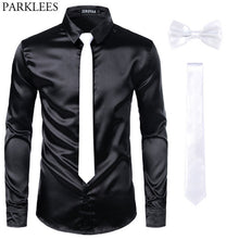 Load image into Gallery viewer, Black Men Silk Dress Shirts 3 Piece (Shirt +Tie+Bow tie) Smooth Satin Slim Fit Casual Shirts