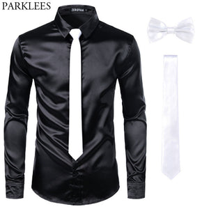 Black Men Silk Dress Shirts 3 Piece (Shirt +Tie+Bow tie) Smooth Satin Slim Fit Casual Shirts