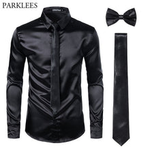 Load image into Gallery viewer, Black Men Silk Dress Shirts 3 Piece (Shirt +Tie+Bow tie) Smooth Satin Slim Fit Casual Shirts