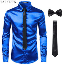 Load image into Gallery viewer, Black Men Silk Dress Shirts 3 Piece (Shirt +Tie+Bow tie) Smooth Satin Slim Fit Casual Shirts