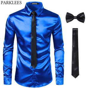 Black Men Silk Dress Shirts 3 Piece (Shirt +Tie+Bow tie) Smooth Satin Slim Fit Casual Shirts