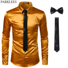 Load image into Gallery viewer, Black Men Silk Dress Shirts 3 Piece (Shirt +Tie+Bow tie) Smooth Satin Slim Fit Casual Shirts