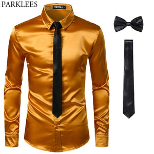 Black Men Silk Dress Shirts 3 Piece (Shirt +Tie+Bow tie) Smooth Satin Slim Fit Casual Shirts