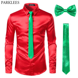 Black Men Silk Dress Shirts 3 Piece (Shirt +Tie+Bow tie) Smooth Satin Slim Fit Casual Shirts