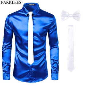 Black Men Silk Dress Shirts 3 Piece (Shirt +Tie+Bow tie) Smooth Satin Slim Fit Casual Shirts