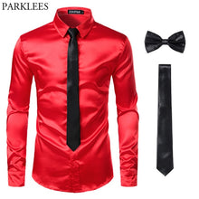 Load image into Gallery viewer, Black Men Silk Dress Shirts 3 Piece (Shirt +Tie+Bow tie) Smooth Satin Slim Fit Casual Shirts