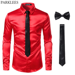 Black Men Silk Dress Shirts 3 Piece (Shirt +Tie+Bow tie) Smooth Satin Slim Fit Casual Shirts