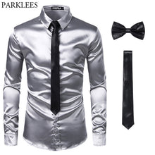 Load image into Gallery viewer, Black Men Silk Dress Shirts 3 Piece (Shirt +Tie+Bow tie) Smooth Satin Slim Fit Casual Shirts