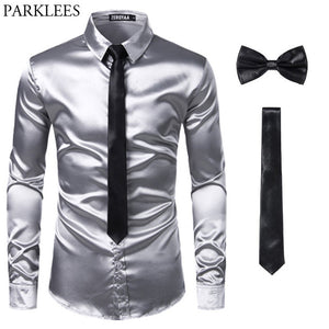 Black Men Silk Dress Shirts 3 Piece (Shirt +Tie+Bow tie) Smooth Satin Slim Fit Casual Shirts