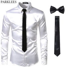 Load image into Gallery viewer, Black Men Silk Dress Shirts 3 Piece (Shirt +Tie+Bow tie) Smooth Satin Slim Fit Casual Shirts