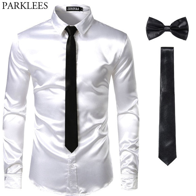 Black Men Silk Dress Shirts 3 Piece (Shirt +Tie+Bow tie) Smooth Satin Slim Fit Casual Shirts