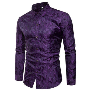 Purple Camouflage Shirt Men Smooth Silk Cotton Dress Shirts Slim Fit Long Sleeve