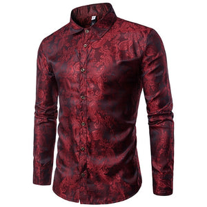 Purple Camouflage Shirt Men Smooth Silk Cotton Dress Shirts Slim Fit Long Sleeve