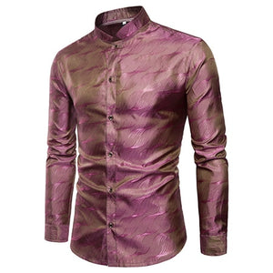 Purple Camouflage Shirt Men Smooth Silk Cotton Dress Shirts Slim Fit Long Sleeve