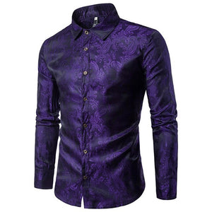 Purple Camouflage Shirt Men Smooth Silk Cotton Dress Shirts Slim Fit Long Sleeve