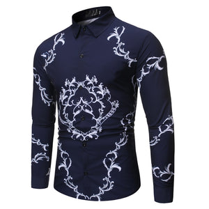 Men Fashion Casual Luxury Royal Court Long Sleeve Printed Shirts Men Dress