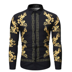 Men Fashion Casual Luxury Royal Court Long Sleeve Printed Shirts Men Dress