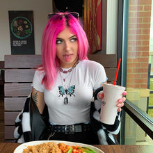 Load image into Gallery viewer, Rockmore Fashion Women White Cotton T-Shirt Blue Butterfly Print O-Neck Female Streetwear Tight Shirts Short Sleeve Casual Tops