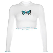 Load image into Gallery viewer, Rockmore Fashion Women White Cotton T-Shirt Blue Butterfly Print O-Neck Female Streetwear Tight Shirts Short Sleeve Casual Tops