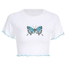 Load image into Gallery viewer, Rockmore Fashion Women White Cotton T-Shirt Blue Butterfly Print O-Neck Female Streetwear Tight Shirts Short Sleeve Casual Tops