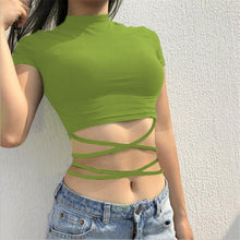 Load image into Gallery viewer, Women Bandage Navel Short Sleeve Sexy Top T Shirt Women Tops