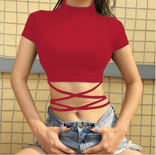 Load image into Gallery viewer, Women Bandage Navel Short Sleeve Sexy Top T Shirt Women Tops