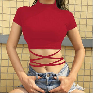 Women Bandage Navel Short Sleeve Sexy Top T Shirt Women Tops