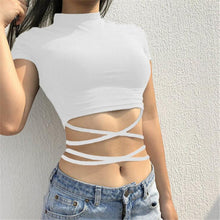 Load image into Gallery viewer, Women Bandage Navel Short Sleeve Sexy Top T Shirt Women Tops